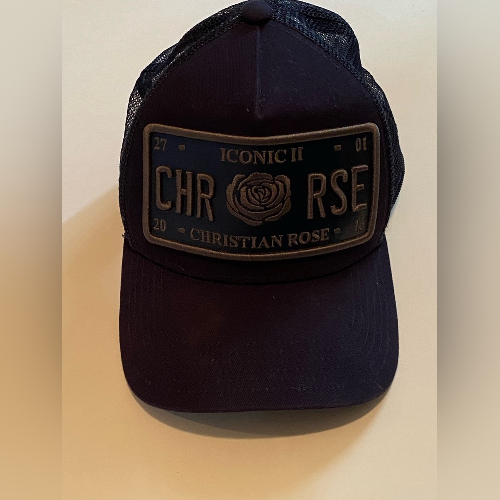 Christian Rose Navy Vinyl Iconic II Plate Men’s Trucker Baseball Cap - Picture 3 of 15